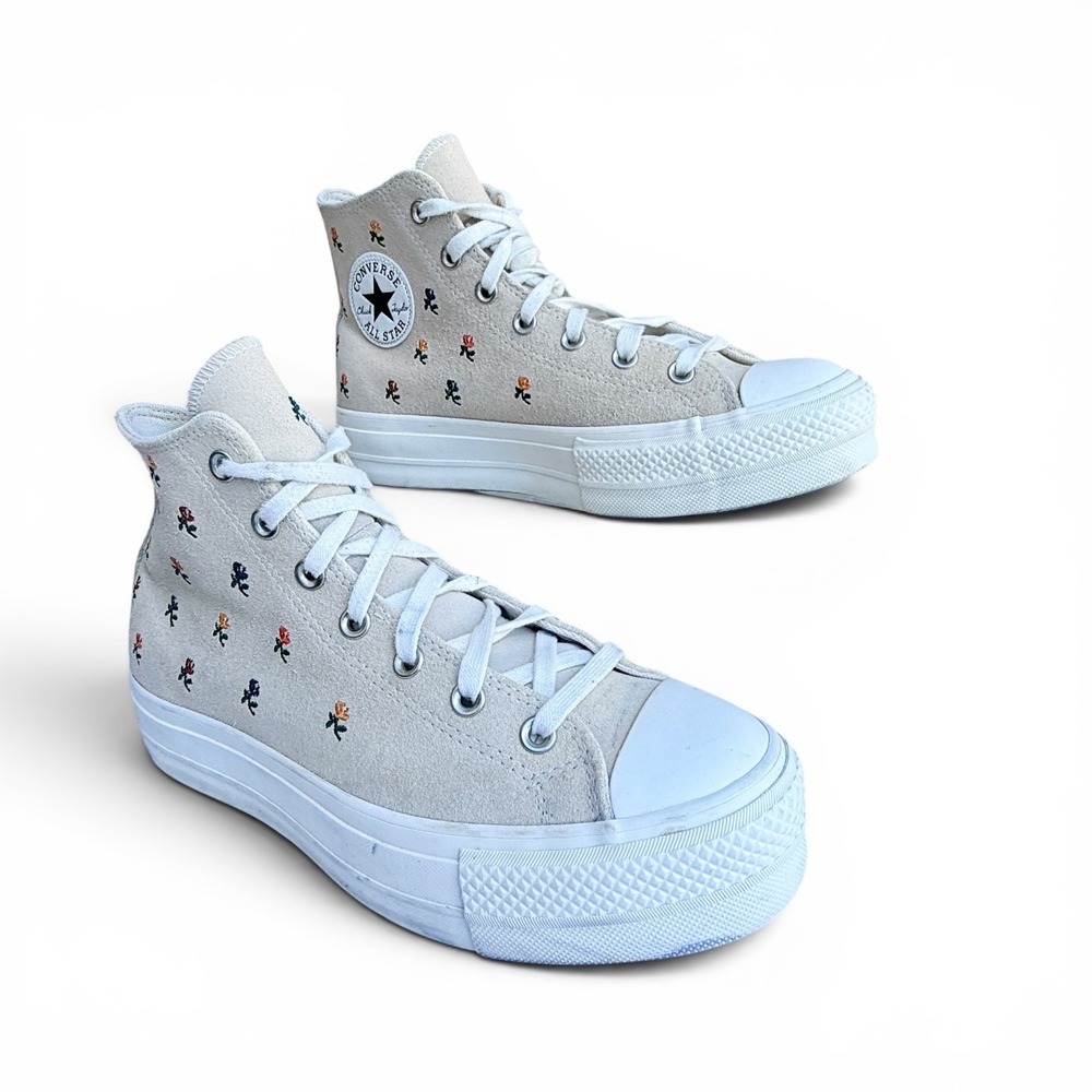 Converse Chuck Taylor All Star Lift Hi Platform Suede Floral Rose Sneakers Beige - Picture 3 of 16